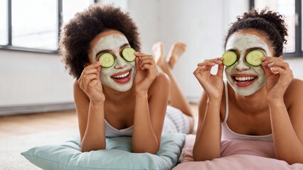 Young Women Applying Homemade Beauty Masks at Home &mdash; Natural Skincare & Friendship Lifestyle Portrait