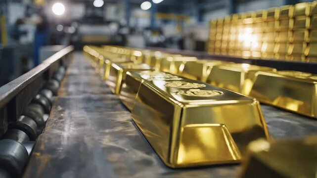 Minted fresh gold bars moving along a factory conveyor belt