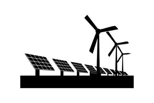Solar panels silhouette vector illustration design, Black silhouette of wind turbines and solar panels on white background, Solar powered street light silhouettes, Renewable energy source concept