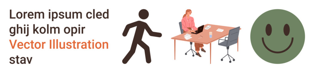 Business communication, workplace productivity, emotional well-being, walking, design, simplicity. Stick figure walking, woman at desk with laptop happy face circle. Business communication