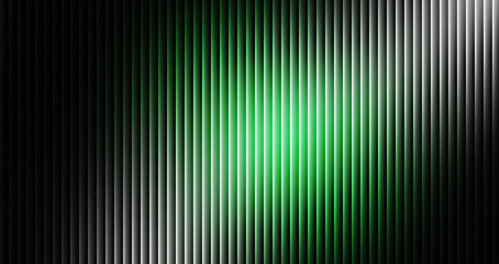 Fototapeta premium Abstract vertical blinds texture background featuring a dramatic central glow of vibrant neon green light fading into deep black shadows on a metallic surface
