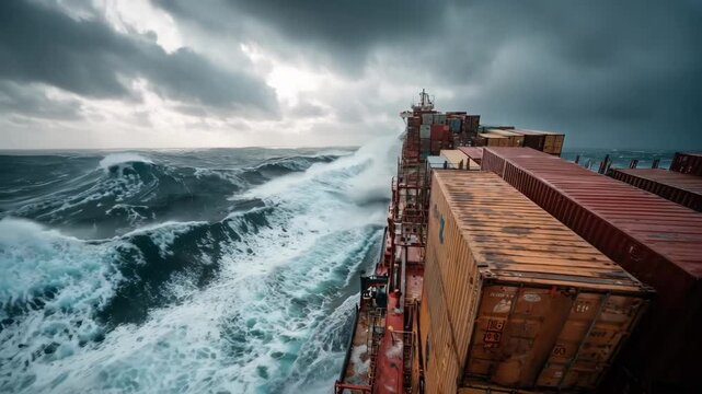 Vivid clouds and rough waves frame a medium shot of a tugboat stabilizing a container ship under heavy weather illustrating resilience and maritime safety.