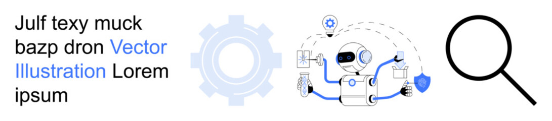 Artificial intelligence, automation processes, data analysis, robotic interaction, digital security, online research. A robot with icons, gear and magnifying glass s technology. AI and automation