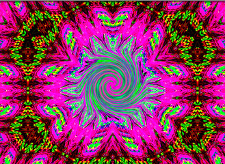A vibrant spiral pattern with a mix of pink, green, and red colors draws the eye towards the center. The image features a symmetrical design radiating from the center.