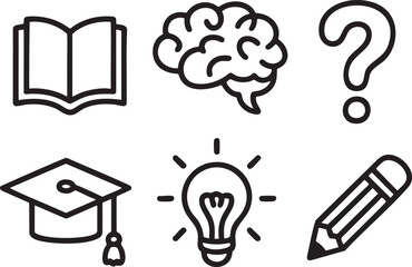 Six black line art icons representing education knowledge and ideas on white background book open