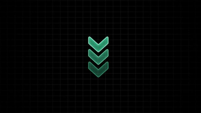 Three Teal Arrows Moving Down on Grid Background direction .Animated green glowing neon triple down arrow icon on a black background,