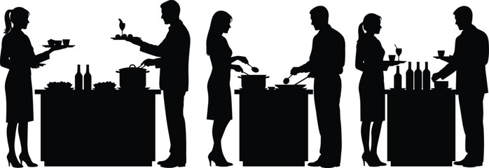 Catering service silhouettes with chefs and servers preparing food serving drinks at buffet table event hospitality black vector illustration