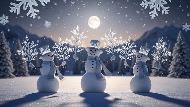 Snowman family in winter forest with full moon. 3D rendering - Powered by Adobe