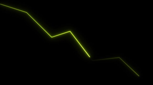 Neon yellow line graph trending downwards on black. neon downward graph with arrow indicating decline, loss, and negative trends on a dark, abstract background,