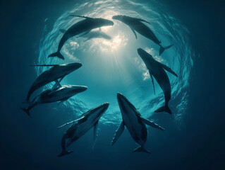 Obraz premium Underwater scene with 10 whales in a circle, sunny lighting, school of dolphins swimming, varying colors, hyperrealistic, cinematic, phone wallpaper style, wildlife photography - AI-Generated