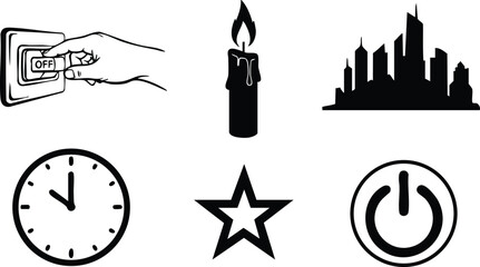 Fototapeta premium Line art icon set close up six black silhouette icons showing hand flipping switch candle skyline clock star and power button front view isolated vector illustration
