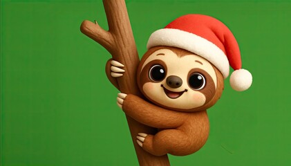 Cute Cartoon Christmas Sloth with a Santa Hat Hanging from a Tree with Space for Copy