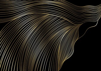 Luxury black background with flowing gold wavy lines 