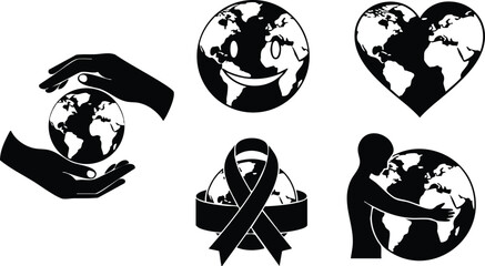 Flat design globe icon set showing hands holding a smiling earth heart shaped earth with awareness ribbon and person hugging the planet in silhouette minimalist black