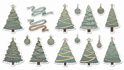 Vintage Christmas tree stickers with ornaments and ribbons for holiday decor