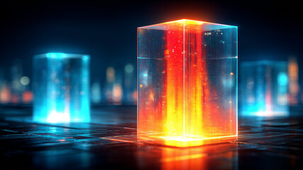 A luminous data cube rising from a digital surface visually representing information flow, technological growth and futuristic computing systems.
