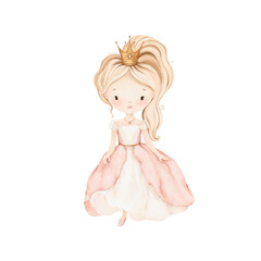 Watercolor cute Princess with crown in beautiful dress. Isolated drawing of girl for baby greeting cards or birthday invitations. Fantasy character for childish design room, textile or poster.