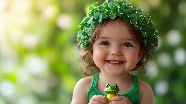 Portrait of joyful infant wearing fresh green clover wreath, grinning widely while holding tiny cheerful frog statuette outdoors.