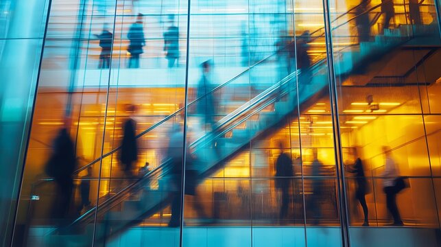 Dynamic business people ascending stairs in a modern glass building, showcasing vibrant energy and ambition in a bustling corporate environment