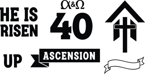 Flat design religious icon set close up ascension elements he is risen up ascension ribbon alpha omega forty cross house monogram bold stencil typography vector collection