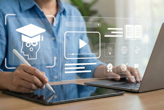 Digital Education and Online Learning Concept. Person using laptop with virtual of e-learning, online courses, video tutorials, and smart education tools in modern digital classroom environment - Powered by Adobe