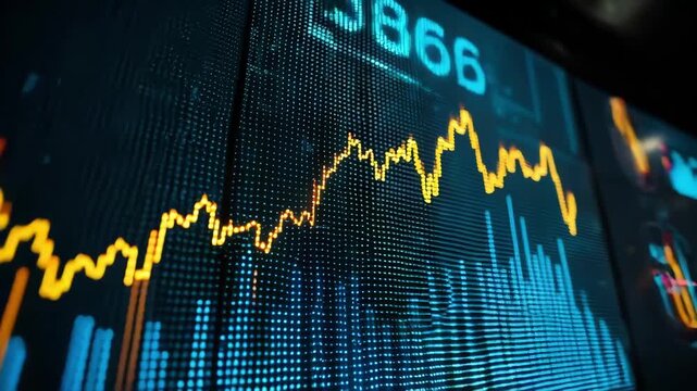 Medium shot focusing on a brightly lit LED display wall with comprehensive visual sales data highlighting performance trends and key analytics for strategic planning.