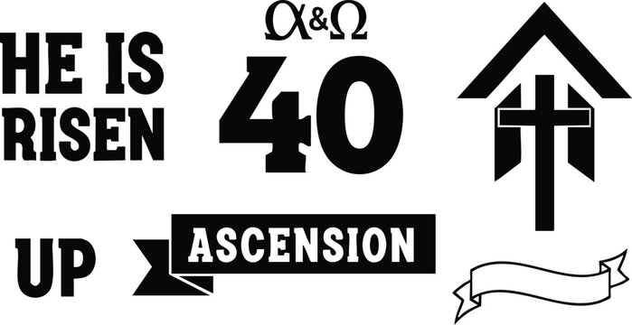 Flat design religious icon set close up ascension elements he is risen up ascension ribbon alpha omega forty cross house monogram bold stencil typography vector collection - Powered by Adobe