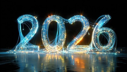 Numerals representing the year two thousand twenty six glow with brilliant light strands against a dark background