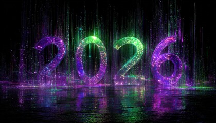 Glowing digits representing the year two thousand twenty six emerge from colorful light rain