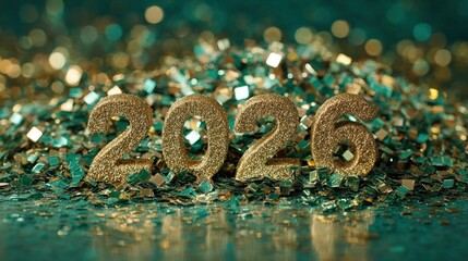 Glittering golden numerals representing the year two thousand twenty six rest upon a bed of teal and gold confetti