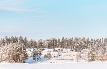 Typical Finnish village in Central Finland under snow cover in winter