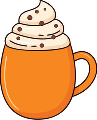 A delightful illustration of a warm beverage in an orange mug topped with creamy whipped cream and chocolate sprinkles