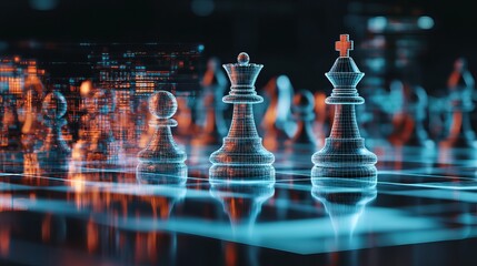 Stunning digital wireframe chess pieces glow with vibrant neon light representing strategic business planning and competition