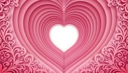 Intricate layered heart design in shades of pink surrounded by ornate floral patterns on a soft background
