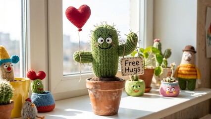 Cute knitted cactus holding a sign saying Free Hugs with colorful toys on a sunny windowsill