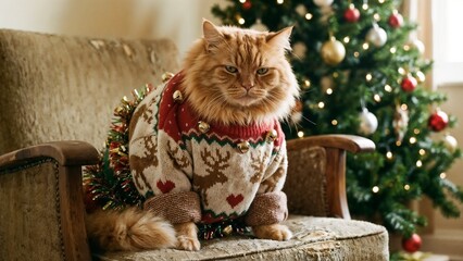 Fluffy orange cat wearing a Christmas sweater with bells sitting on a cozy armchair near a decorated tree
