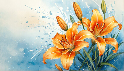 Vibrant Orange Lilies Watercolor Art Nouveau, Blue Gold Splashes