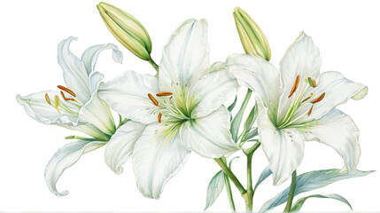 Fototapeta premium Elegant Watercolor White Lilies Botanical Illustration