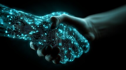 Dynamic handshake between human and glowing digital circuit symbolizing partnership in artificial intelligence future