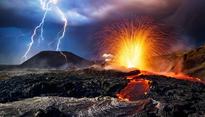 volcanic eruption with lightning storm over lava field