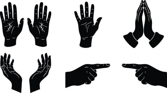 Flat design silhouette icon set showing six black hand gestures including open palms raised hand praying hands cupped hands and pointing left and right isolated vector