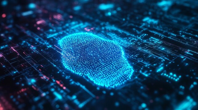 Stunning digital fingerprint scan illuminates dark circuit board representing high security biometric authentication and data protection - Powered by Adobe