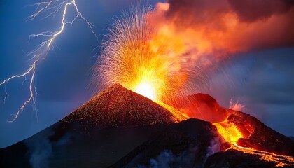 volcano erupting with lava fountain and lightning strikes