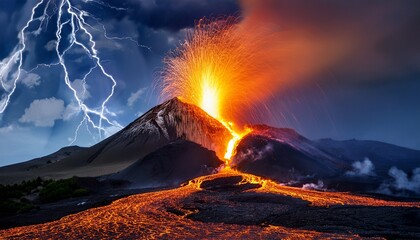 Fototapeta premium volcanic eruption with lava and lightning strikes volcano