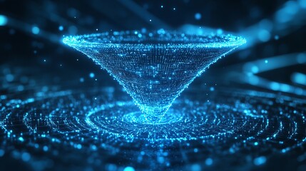 Stunning digital data funnel visualization showing complex information processing and network flow in vibrant blue light