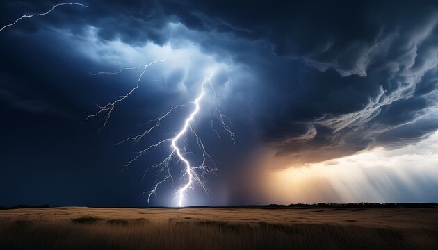 intense lightning strike illuminates dark stormy clouds - Powered by Adobe