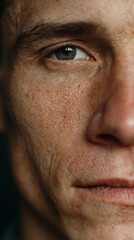 Fototapeta premium Mature male face closeup showing detailed skin texture and eye area. Realistic pores and fine lines for skincare, aging, and dermatology concepts.