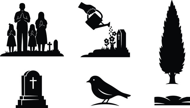 Flat silhouette icon set showing family mourning at graveside and watering flowers beside tombstone with cypress tree bird and open memorial book in simple composition minimal