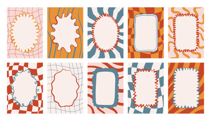 Groovy poster collection featuring checker patterns, stripes and flowing waves with whimsical hand drawn frames. Retro trippy look perfect for modern decor, branding, prints.