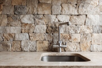 Modern kitchen faucet sits above an undermount sink against a rustic stacked stone backsplash